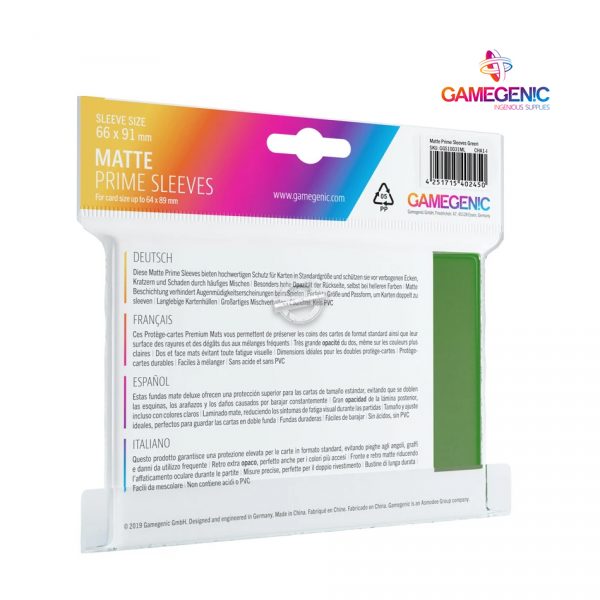 Gamegenic: Matte PRIME Sleeves Green (100) - 66 mm x 91 mm
